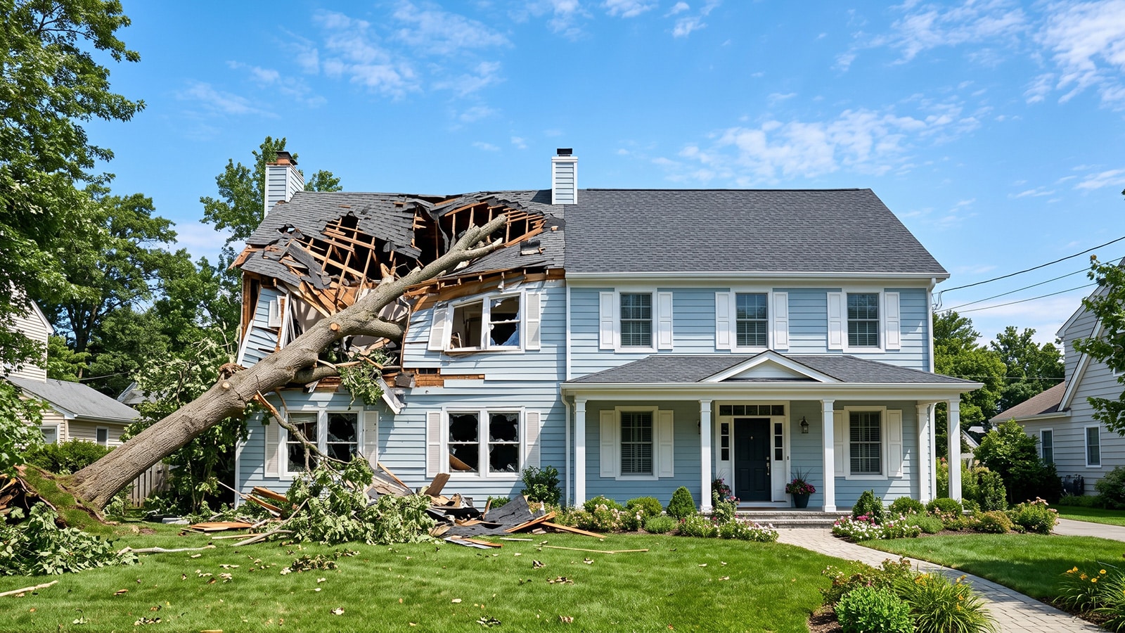 horizontal close up image of a roof of a house that has burned.